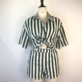 Women Button-Up Striped Shirt Shorts Two-Piece Set