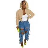 WomenCasual Ribbed Collar Pu-Leather Jacket
