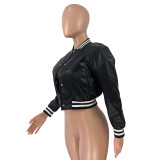 WomenCasual Ribbed Collar Pu-Leather Jacket