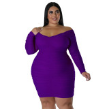 Plus Size Women Fall Off Shoulder Long Sleeve Bodycon Dress