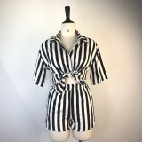 Women Button-Up Striped Shirt Shorts Two-Piece Set