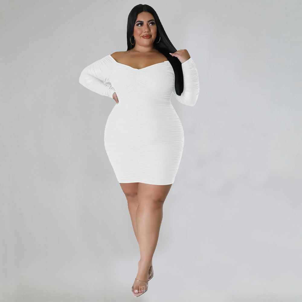 Plus Size Women Fall Off Shoulder Long Sleeve Bodycon Dress - The