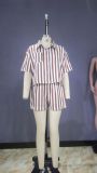 Spring Summer Short Sleeve Striped Shirt Sexy Shorts Two Piece Set