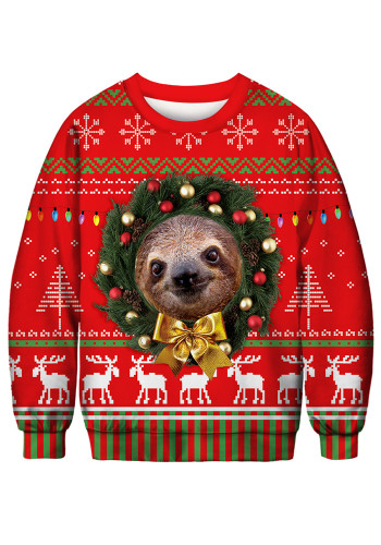 Christmas Sloth Digital Print Unisex Round Neck Hoodies Fall Long Sleeve Pullover