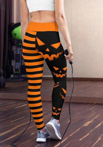 Pantalones ajustados de cintura alta elásticos de moda de Halloween pantalones básicos pequeños con estampado Digital de cabeza de calabaza