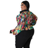 Fall/Winter Plus Size Women's Parrot Print Special Machine Waist Patchwork Long Sleeve Shirt Collar Top