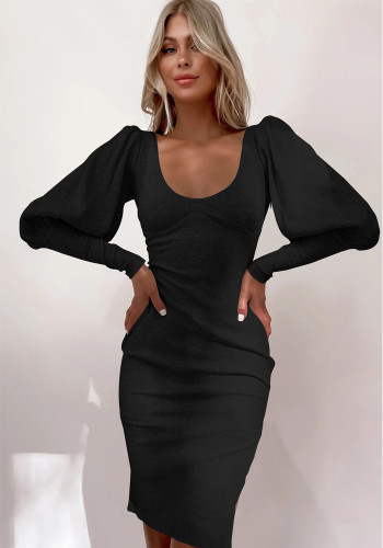 Moda kadın Sonbahar Seksi Düşük Geri Bölünmüş Bodycon Fener Uzun Kollu Premium Şık Elbise