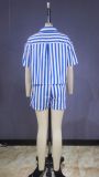 Spring Summer Short Sleeve Striped Shirt Sexy Shorts Two Piece Set