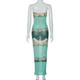 Fall Women's Mesh See-Through Maxi Print Chic Slim Strapless Dress