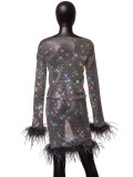 Long-sleeved set decoration body type rhinestone flash nightclub style sexy rhinestone fishnet skirt suit