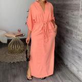 Fall Women Casual Fashion Stand Collar Slit Maxi Solid Dress