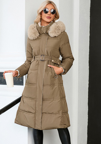 Abrigo largo en contraste con cuello de piel para mujer Abrigo ajustado de invierno para mujer