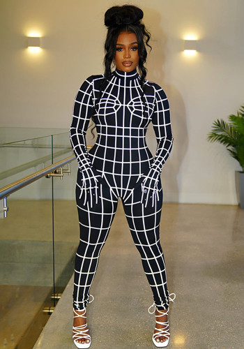 Macacão de manga comprida com estampa geométrica xadrez slim fit sensuais feminino outono inverno