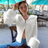 Fashion Winter Long Sleeve Top Sexy Fur Collar Knitting Coat Top Women