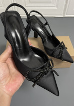 Scarpin Topuklu Fiyonklu Siyah Sırt Askılı Yüksek Topuklu Stiletto Sandalet Kadın Taşlı Ayakkabı