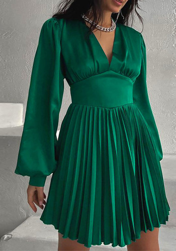 Женское осенне-зимнее плиссированное атласное платье с длинным рукавом и V-образным вырезом с высокой талией