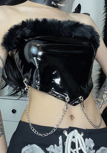 Сексуальный топ Slim-Fit Chain с кожаным укороченным топом без бретелек в уличном стиле с меховой отделкой