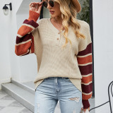 Women'S Striped Cardigan Button Knitting Shirt Autumn And Winter Lantern Sleeve Sweater