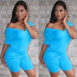 Women'S Simple Casual Plus Size Solid V-Neck Shor Sleeve T-Shirt Shorts Two Piece Set