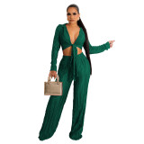 Women'S Fall/Winter Cropped Tie-Up Pleated Sexy Casual Two Piece Pants Set