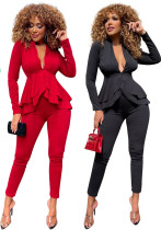 Women'S Solid Color Ruffled Deep V Top And Trousers Two-Piece Suit