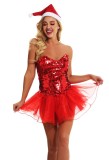 Women Sexy Christmas Strapless Sequins Mesh Patchwork Party Dress