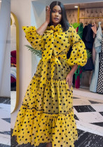 Sonbahar Zarif Bayan Puantiyeli Baskı Açık Sarı Maxi Elbise
