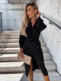 Kadın Düz Renk Uzun Kollu V Yaka Yırtmaçlı Elbise