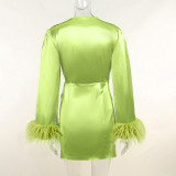 Dames Fall Polka Dot Lace-Up Furry Sleeve V-hals Party Mini-jurk