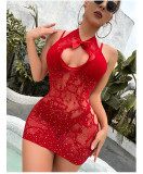 Women Sexy Beaded Bow Cutout See-Through Lingerie