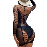 Women Lingerie Sexy Long Sleeve See-Through Net Mini Dress