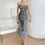 Women Sequined Strapless Shaggy Gown Dress