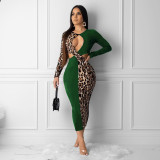 Dames herfstcontrast luipaard uitgesneden sexy jurk met lange mouwen