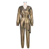 Women Corset Pleated Zip V-Neck Long Sleeve Jumpsuit