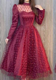 Womens Elegant Lace Round Neck Long Sleeve Dress
