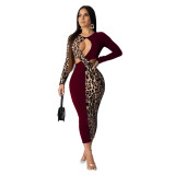 Damen Herbst Kontrast Leopard ausgeschnittenes langärmliges sexy Kleid