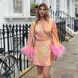 Women Fall Polka Dot Lace-Up Furry Sleeve V-Neck Party Mini Dress