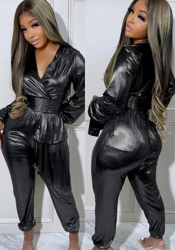 Women Corset Pleated Zip V-Neck Long Sleeve Jumpsuit