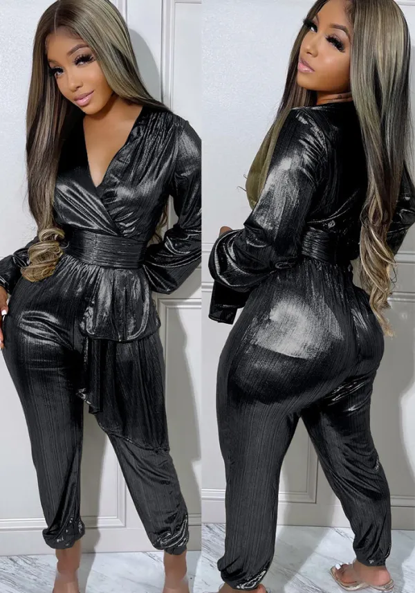 Women Corset Pleated Zip V-Neck Long Sleeve Jumpsuit
