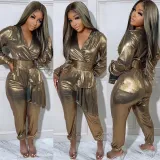 Women Corset Pleated Zip V-Neck Long Sleeve Jumpsuit
