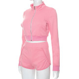 Women Zip Stand Collar Top And Shorts Casual Two Piece