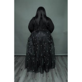 Plus Size Women's Black Pearl Mesh Patchwork Dress
