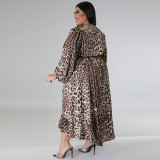 Plus Size Women's Leopard V-Neck Ruffle Patchwork Dress Swing Skirt With Belt