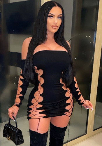 Womens Sexy Cut Out Lace-Up Off Shoulder Wrap Dress