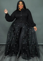 Vestido de patchwork de malla de perlas negras de talla grande para mujer