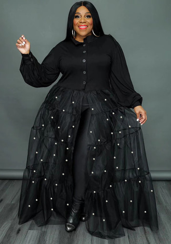 Vestido de patchwork de malla de perlas negras de talla grande para mujer