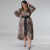 Plus Size Women's Leopard V-Neck Ruffle Patchwork Dress Swing Skirt With Belt