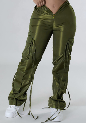 Kadın Fermuarlı Bağcıklı Solid Yeşil Günlük Pantolon