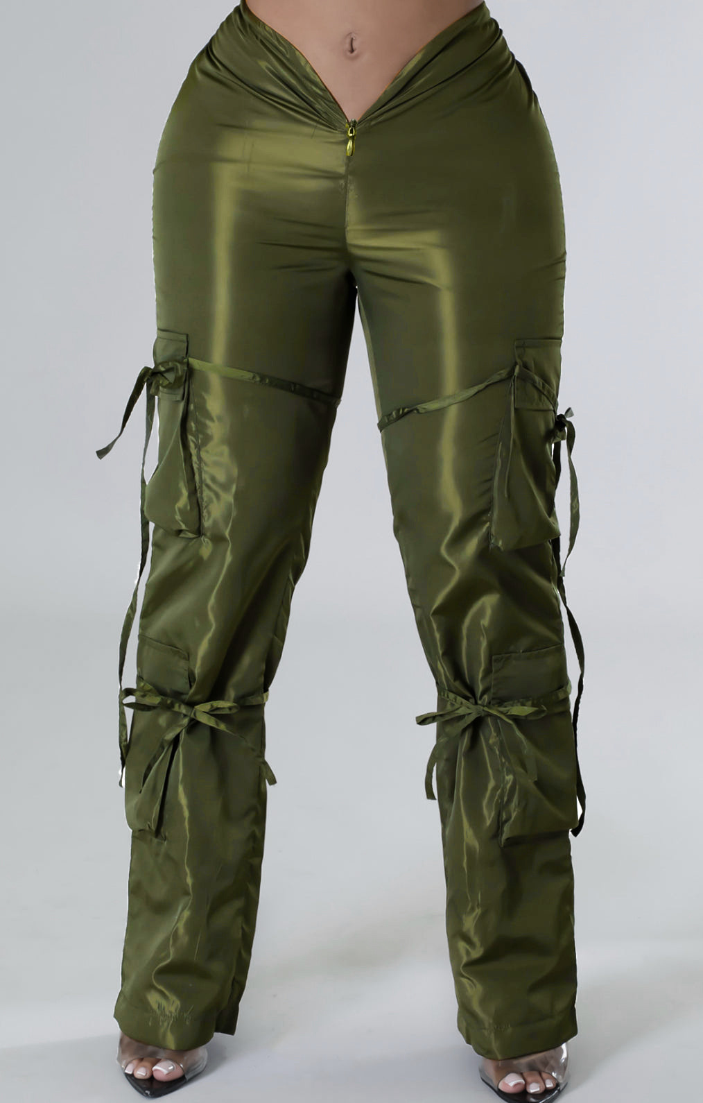Women's Zip Lace-Up Solid Green Casual Trousers - The Little