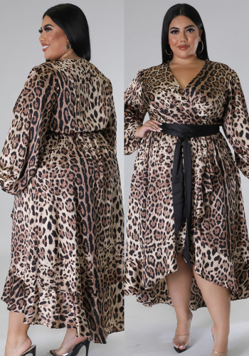 Vestido feminino tamanho grande leopardo gola V com babados e retalhos saia balanço com cinto
